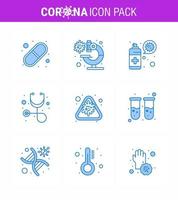conjunto de iconos covid19 para el paquete azul infográfico 9, como alerta de enfermedad, limpieza, diagnóstico de estetoscopio, coronavirus viral 2019nov, elementos de diseño de vectores de enfermedades