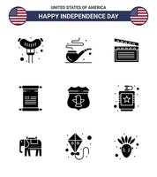 grupo de 9 glifos sólidos establecidos para el día de la independencia de los estados unidos de américa, como seguridad usa video sheild american editable usa day elementos de diseño vectorial vector