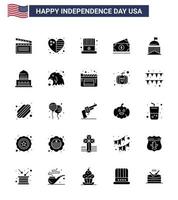 Stock Vector Icon Pack of American Day 25 Solid Glyph Signs and Symbols for flag usa american amearican dollar Editable USA Day Vector Design Elements