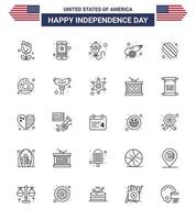 25 USA Line Pack of Independence Day Signs and Symbols of hotdog weapon phone war army Editable USA Day Vector Design Elements