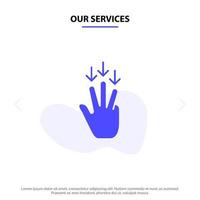 nuestros servicios gestos de flecha hacia abajo icono de glifo sólido plantilla de tarjeta web vector