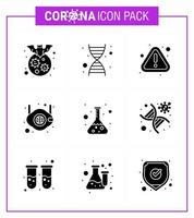 icono de conciencia de coronavirus 9 iconos negros de glifo sólido icono incluido matraz error de seguridad cara médica coronavirus viral 2019nov enfermedad vector elementos de diseño