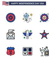 feliz día de la independencia paquete de iconos de 9 líneas planas rellenas para web e impresión sobre de invitación de seguridad de correo animal editable elementos de diseño vectorial del día de EE. UU. vector