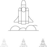 conjunto de iconos de línea negra audaz y delgada de inicio de cohete de negocio de inicio de unicornio vector