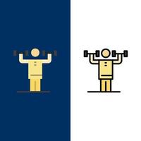 Activity Discipline Human Physical Strength  Icons Flat and Line Filled Icon Set Vector Blue Background