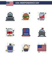 9 USA Flat Filled Line Signs Independence Day Celebration Symbols of cap game beer slot casino Editable USA Day Vector Design Elements