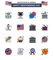 Set of 16 Vector Flat Filled Lines on 4th July USA Independence Day such as white landmark television house chat bubble Editable USA Day Vector Design Elements