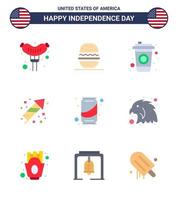 Set of 9 Modern Flats pack on USA Independence Day cola can cola beer fireworks Editable USA Day Vector Design Elements