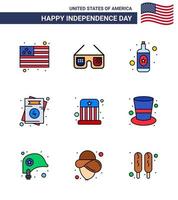 4th July USA Happy Independence Day Icon Symbols Group of 9 Modern Flat Filled Lines of hat entertainment bottle circus usa Editable USA Day Vector Design Elements