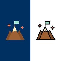 iconos de interfaz de usuario de bandera de montaña conjunto de iconos planos y rellenos de línea vector fondo azul