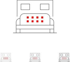 servicio de dormitorio de cama de hotel conjunto de iconos de línea negra audaz y delgada vector