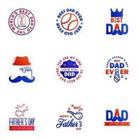 Fathers Day Lettering 9 Blue and red Calligraphic Emblems Badges Set Isolated on Dark Blue Happy Fathers Day Best Dad Love You Dad Inscription Vector Design Elements For Greeting Card and Other