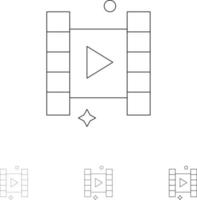 juego de iconos de línea negra delgada y audaz de película de reproducción de video vector