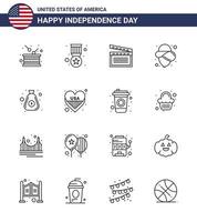 Modern Set of 16 Lines and symbols on USA Independence Day such as money hat military cowboy usa Editable USA Day Vector Design Elements