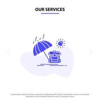 nuestros servicios mochila de verano temporada de sol icono de glifo sólido plantilla de tarjeta web vector