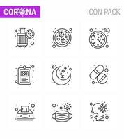 Corona virus 2019 and 2020 epidemic 9 Line icon pack such as sleep moon seconds illness health viral coronavirus 2019nov disease Vector Design Elements