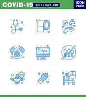 9 Blue Coronavirus Covid19 Icon pack such as communication medical monitor hands medical electronics drop viral coronavirus 2019nov disease Vector Design Elements