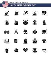 4th July USA Happy Independence Day Icon Symbols Group of 25 Modern Solid Glyph of usa love baseball heart camping Editable USA Day Vector Design Elements