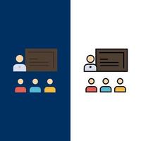 trabajo en equipo negocios liderazgo humano gestión iconos plano y línea llena conjunto de iconos vector fondo azul