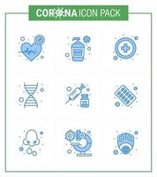 9 paquete de iconos de corona de virus viral azul, como jeringas, lavado a mano, genoma, adn, coronavirus viral, 2019nov, elementos de diseño de vectores de enfermedad