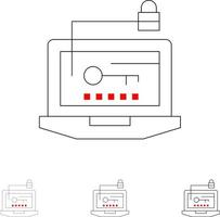 acceder a la clave de hardware de la computadora portátil conjunto de iconos de línea negra en negrita y delgada vector