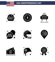 Happy Independence Day 4th July Set of 9 Solid Glyphs American Pictograph of sport football festivity american star Editable USA Day Vector Design Elements
