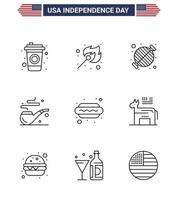 Set of 9 Modern Lines pack on USA Independence Day food hot dog barbecue st pipe Editable USA Day Vector Design Elements