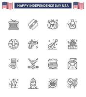 Paquete de 16 líneas de estados unidos de signos y símbolos del día de la independencia de celebración comida americana dinero en efectivo editable elementos de diseño vectorial del día de estados unidos vector