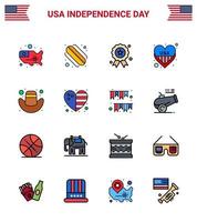 Happy Independence Day 4th July Set of 16 Flat Filled Lines American Pictograph of hat american independece usa heart Editable USA Day Vector Design Elements