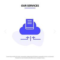 nuestros servicios nube flecha libro cuaderno glifo sólido icono plantilla de tarjeta web vector