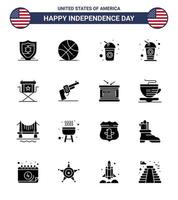 Pack of 16 creative USA Independence Day related Solid Glyphs of hand television cola star director Editable USA Day Vector Design Elements