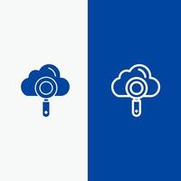 búsqueda de computación en la nube línea de búsqueda y glifo icono sólido banner azul vector