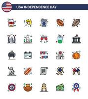4th July USA Happy Independence Day Icon Symbols Group of 25 Modern Flat Filled Lines of sport ball beverage american ball rugby Editable USA Day Vector Design Elements