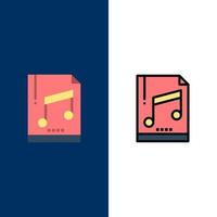 archivo de computadora de audio mp3 iconos de muestra planos y llenos de línea conjunto de iconos vector fondo azul