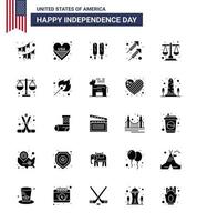 Set of 25 Modern Solid Glyph pack on USA Independence Day justice shoot usa firework celebration Editable USA Day Vector Design Elements