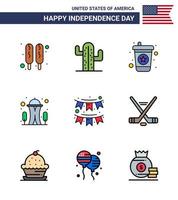 Set of 9 Vector Flat Filled Lines on 4th July USA Independence Day such as party buntings drink american needle Editable USA Day Vector Design Elements