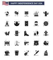 conjunto moderno de 25 glifos sólidos y símbolos en el día de la independencia de estados unidos, como el director de cactus, vela ligera, elementos de diseño vectorial editables del día de estados unidos vector