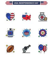 4th July USA Happy Independence Day Icon Symbols Group of 9 Modern Flat Filled Lines of country hip dollar flask alcoholic Editable USA Day Vector Design Elements