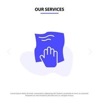 nuestros servicios limpieza mano tareas domésticas frotar matorral icono de glifo sólido plantilla de tarjeta web vector