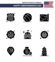 Solid Glyph Pack of 9 USA Independence Day Symbols of landmark building states badge flag Editable USA Day Vector Design Elements