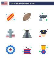 Big Pack of 9 USA Happy Independence Day USA Vector Flats and Editable Symbols of usa landmark security building cross Editable USA Day Vector Design Elements