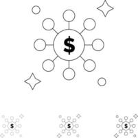 Dollar Share Network Bold and thin black line icon set vector