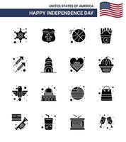 Happy Independence Day 4th July Set of 16 Solid Glyphs American Pictograph of firework celebration basketball usa fastfood Editable USA Day Vector Design Elements