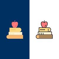 libro pluma comida educación iconos plano y línea llena icono conjunto vector fondo azul