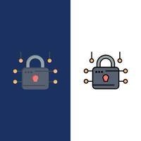 bloqueo bloqueado seguridad iconos seguros plano y línea llena conjunto de iconos vector fondo azul