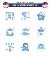 9 USA Blue Signs Independence Day Celebration Symbols of usa fast food handbag burger mine Editable USA Day Vector Design Elements