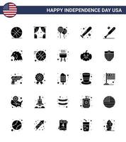 paquete de 25 signos de glifo sólido de celebración del día de la independencia de EE. UU. Y símbolos del 4 de julio, como deportes de animales, bloon bat ball, elementos de diseño vectorial editables del día de EE. UU. vector