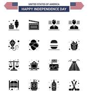 Modern Set of 16 Solid Glyphs and symbols on USA Independence Day such as burger cowboy man usa summer Editable USA Day Vector Design Elements