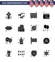 Pack of 16 creative USA Independence Day related Solid Glyphs of food hot dog country day calendar Editable USA Day Vector Design Elements