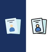 tarjeta de identificación tarjeta de identificación pase iconos planos y llenos de línea conjunto de iconos vector fondo azul